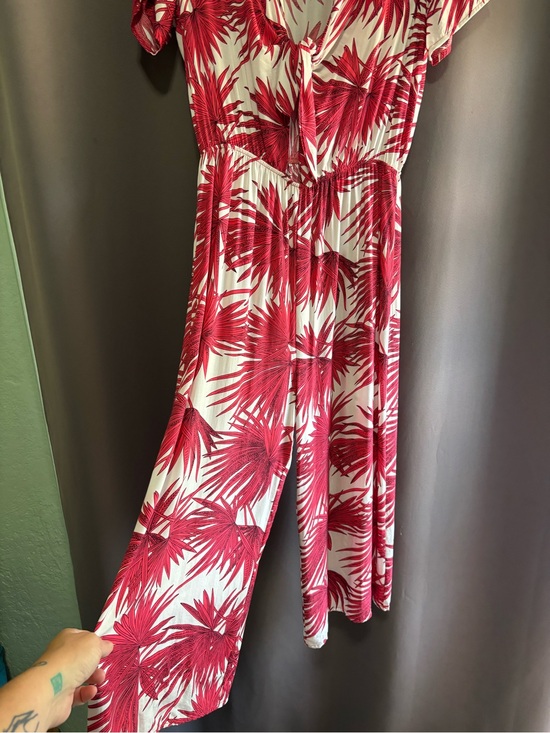 Audrey 3+1 Pants - Red and White Palm-Print Collared Tie Front Jumpsuit